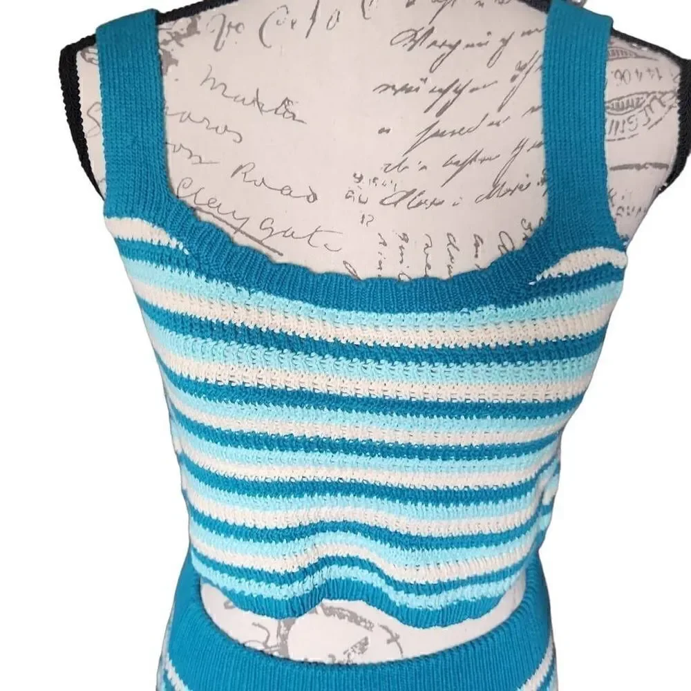 Wild Fable Ladies Size S/M Blue White Knit Crop Top & Skirt Set